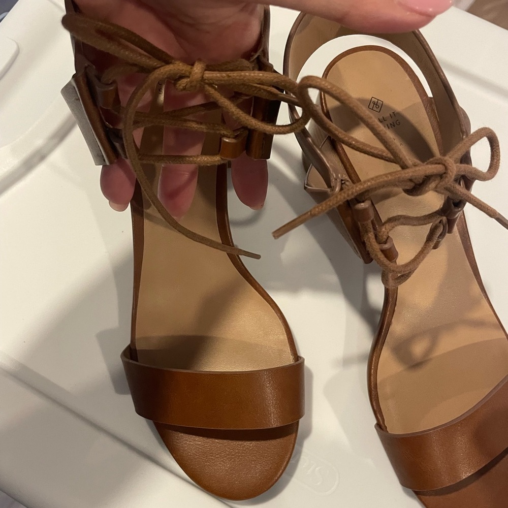 Call It Spring Brown Block Heel Sandals with Lace Ankle Tie - Picture 2 of 7